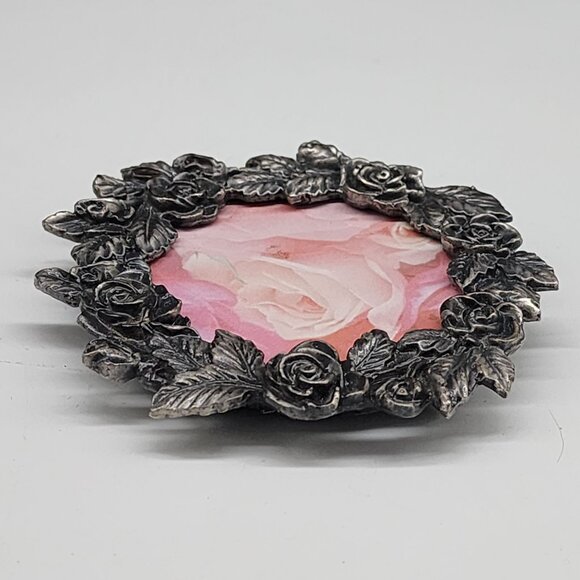 Vintage Pewter Picture Frame Round Rose Design Decorative Tabletop Display - Picture 10 of 11